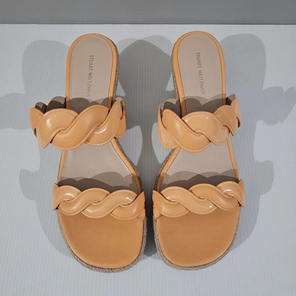 Stuart Weitzman Twist Espadrille Wedge Sandal Womens 10 Mango Leather Slide